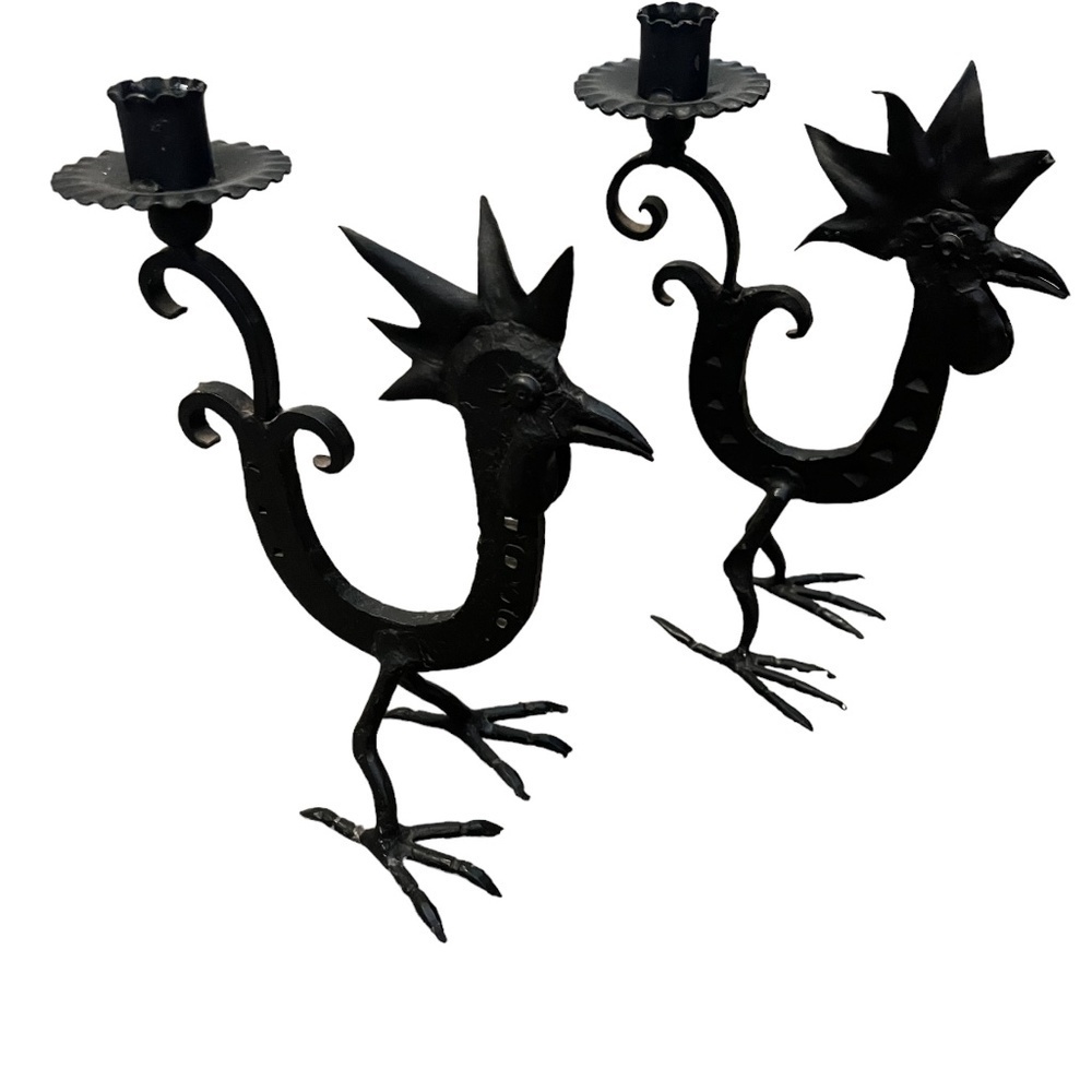 Set Of 2 Wrought Iron Rooster Candlestick Holder Horshoe Folk‎ Art